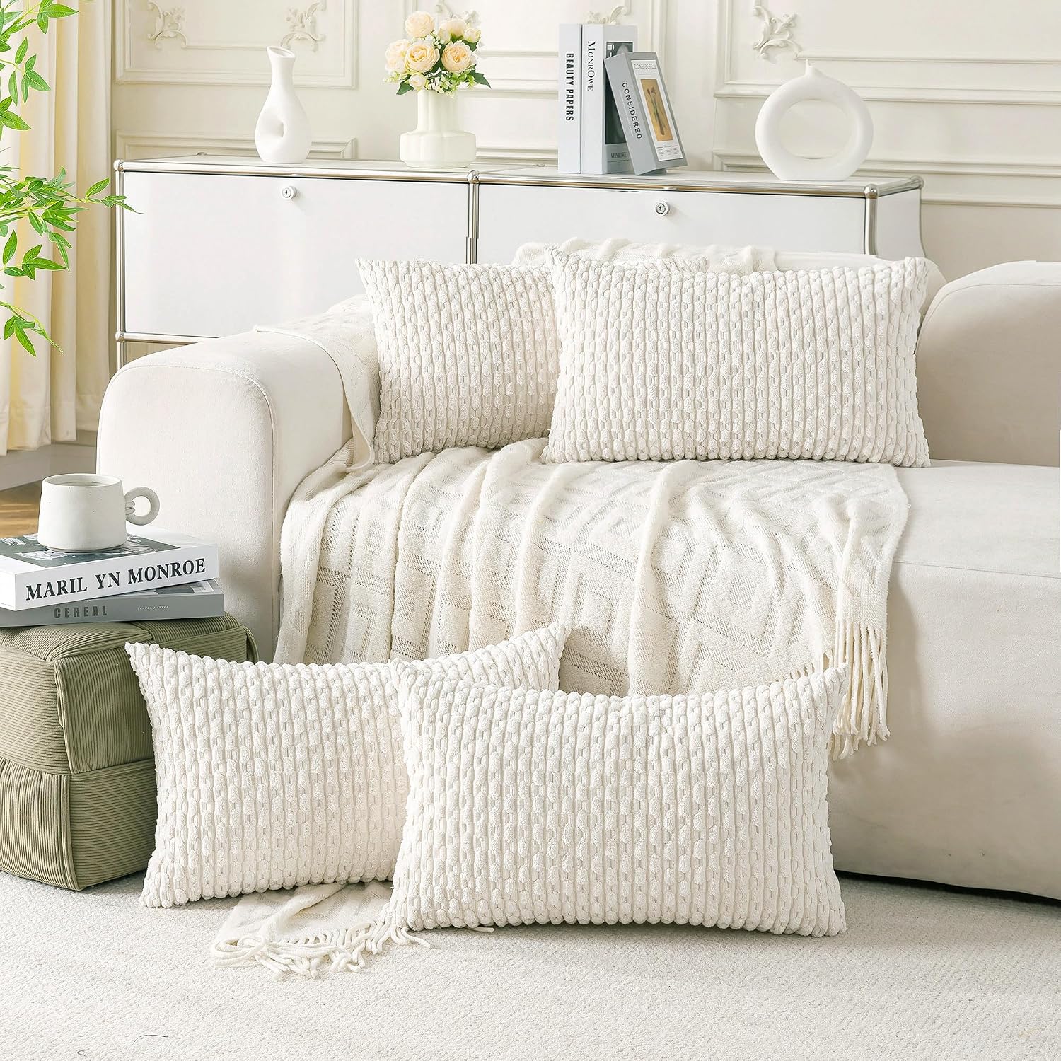 Cozoomy Set of 4 Cream White Decorative Throw Pillow Covers 12x20 Inch Corduroy Pillow Covers for Bed Couch Sofa Living Room Soft Cushion C…
