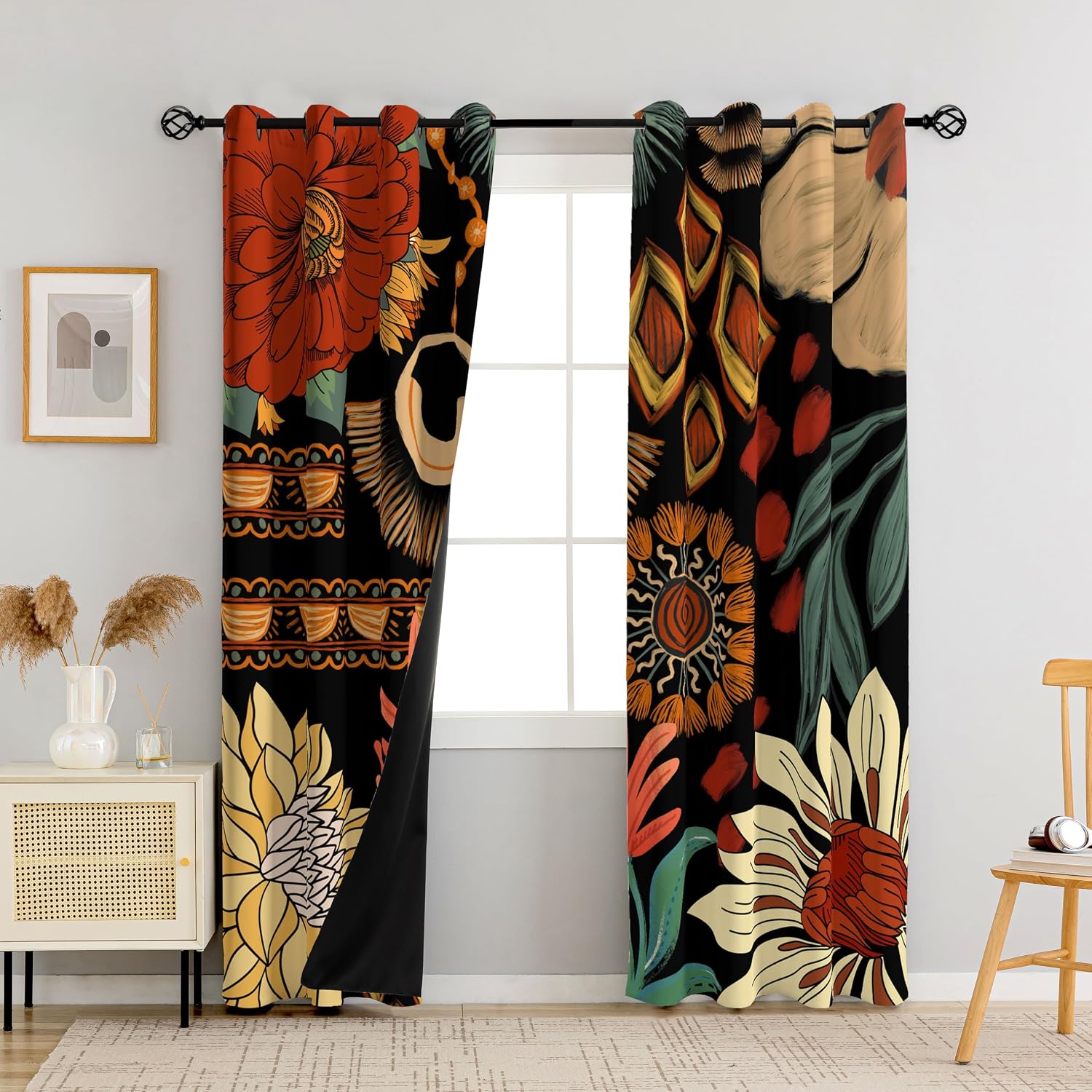 Tyrot 100% Blackout Black Boho Floral Curtains for Living Room 63 inch Long 2 Panels Mid Century Botanical Black Out Curtains for Bedroom…