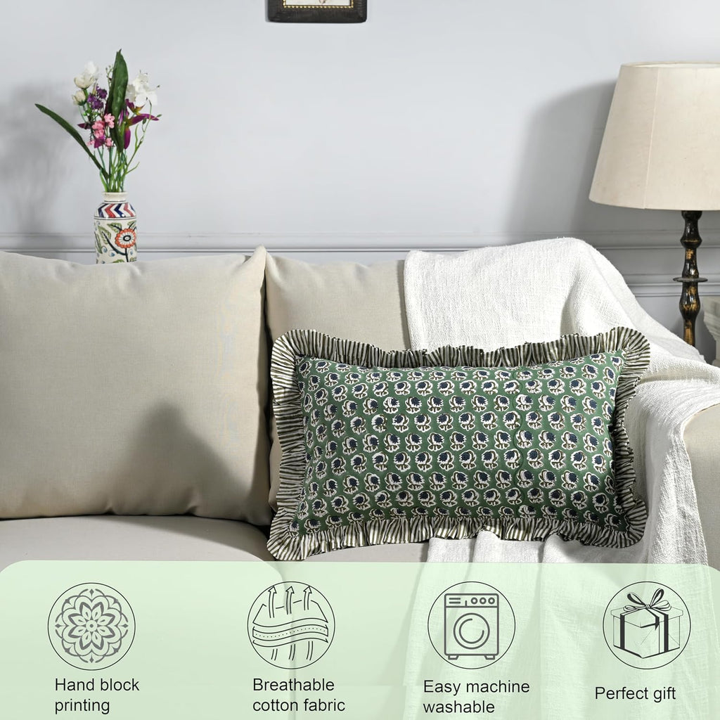 Ridhi Block Print Basil Green 20"x12" Set 1-100% Cotton Ruffle Lumbar Sham Cover Boho Floral Pillowcase, Farmhouse Cottagecore Bedding…