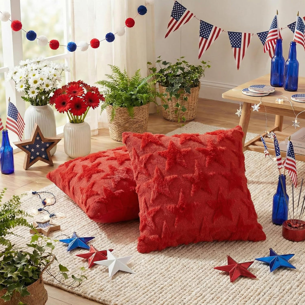 AVOIN colorlife 4th of July Stars Red Patriotic Throw Pillow Covers, 20 x 20 Inch Independence Memorial Day Soft Plush Faux Fur Jacquard…
