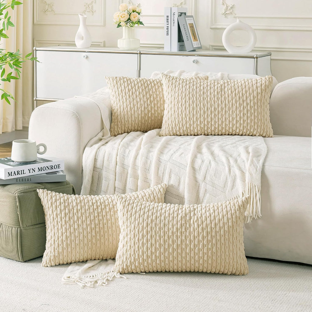 Cozoomy Set of 4 Beige Decorative Throw Pillow Covers 12x20 Inch Corduroy Pillow Covers for Bed Couch Sofa Living Room Soft Cushion Cases 2…
