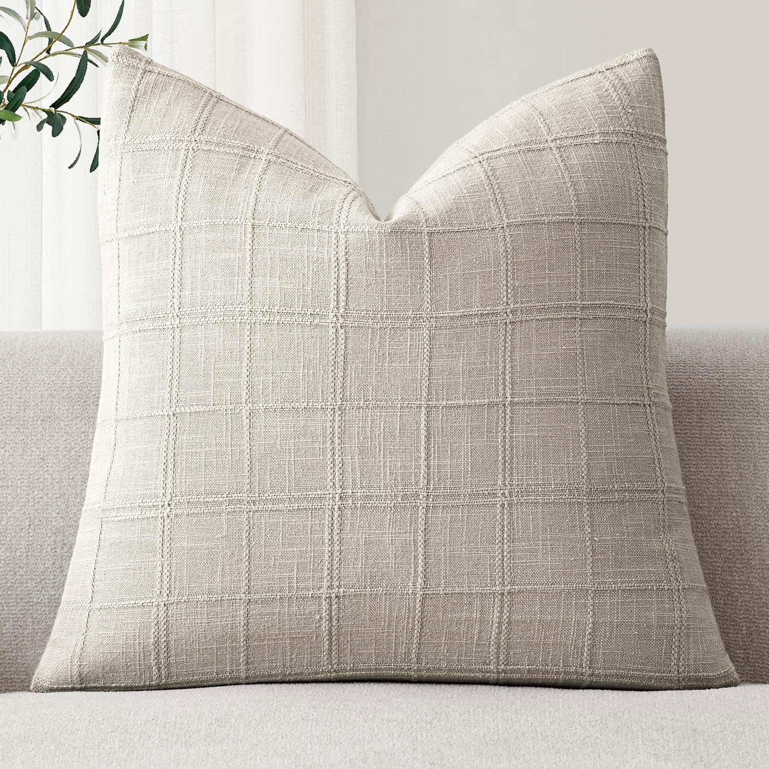 Foindtower Set of 1 Decorative Linen Check Throw Pillow Cover Neutral Farmhouse Vintage Cushion Cover Modern Boho Accent Home Decor for…