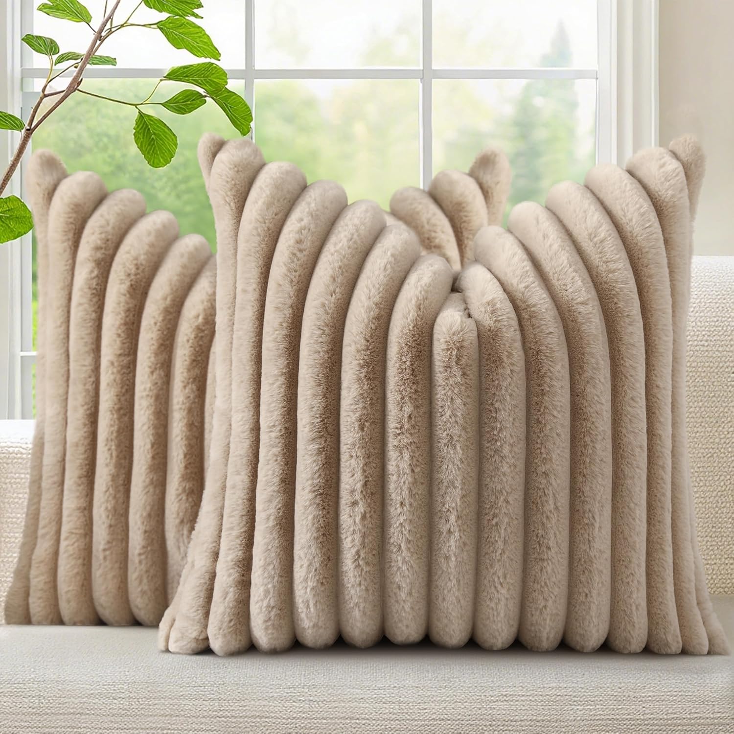 decorUhome Cozy Faux Fur Throw Pillow Covers 20x20 Set of 2 Decorative Soft Plush Striped Modern Farmhouse Boho Couch Pillow Cases with Vel…
