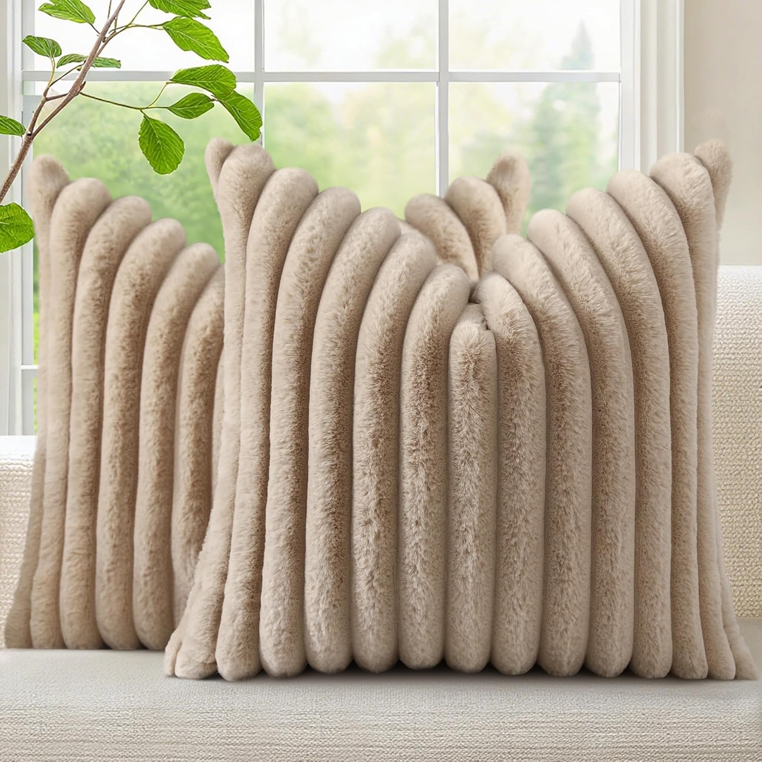 decorUhome Cozy Faux Fur Throw Pillow Covers 16x16 Set of 2 Decorative Soft Plush Striped Modern Farmhouse Boho Couch Pillow Cases with Vel…