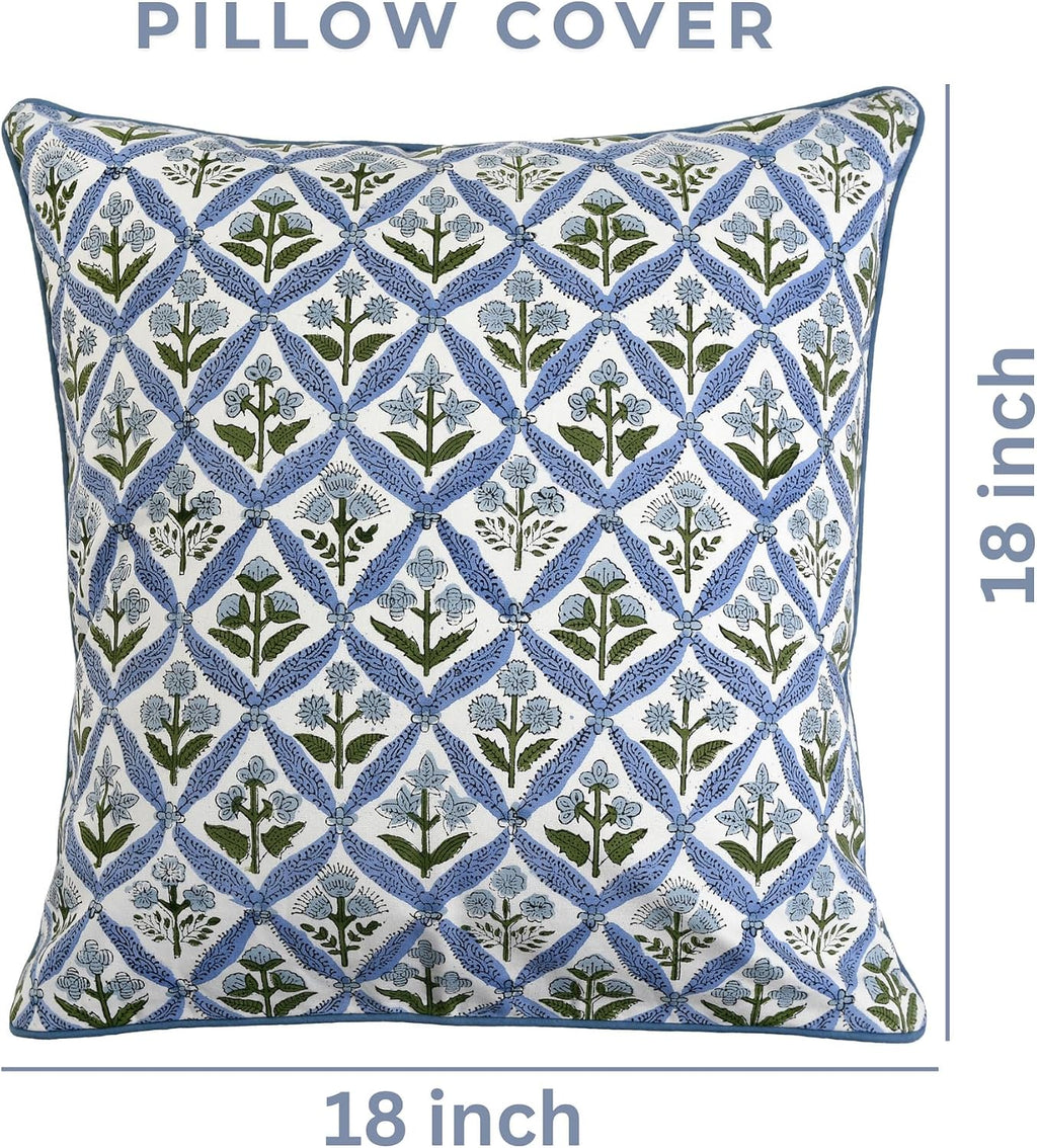 Ridhi Block Print Light Steel Blue Pillow Cover 18" x 18" (Pack of 2) Decorative Couch Pillows for Living Room, Chic Boho Cute Outdoor Pill…