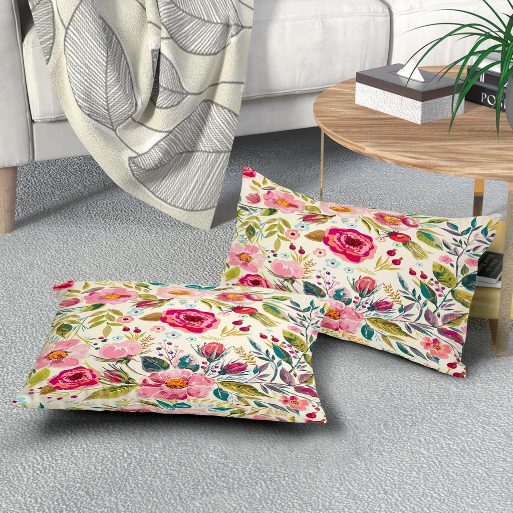 Spring Summer Flower Throw Pillow Covers 20x12 Inch Watercolor Peony Pillowcase Hot Pink Flora with Green Leaves Girly Decorative Cotton…