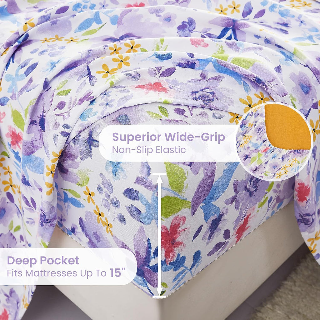 mooreeke Floral Queen Sheets, Soft Breathable Microfiber Vintage Printed Bed Sheet Set, Deep Pocket Non-Slip Fitted Sheet Included, Purple…