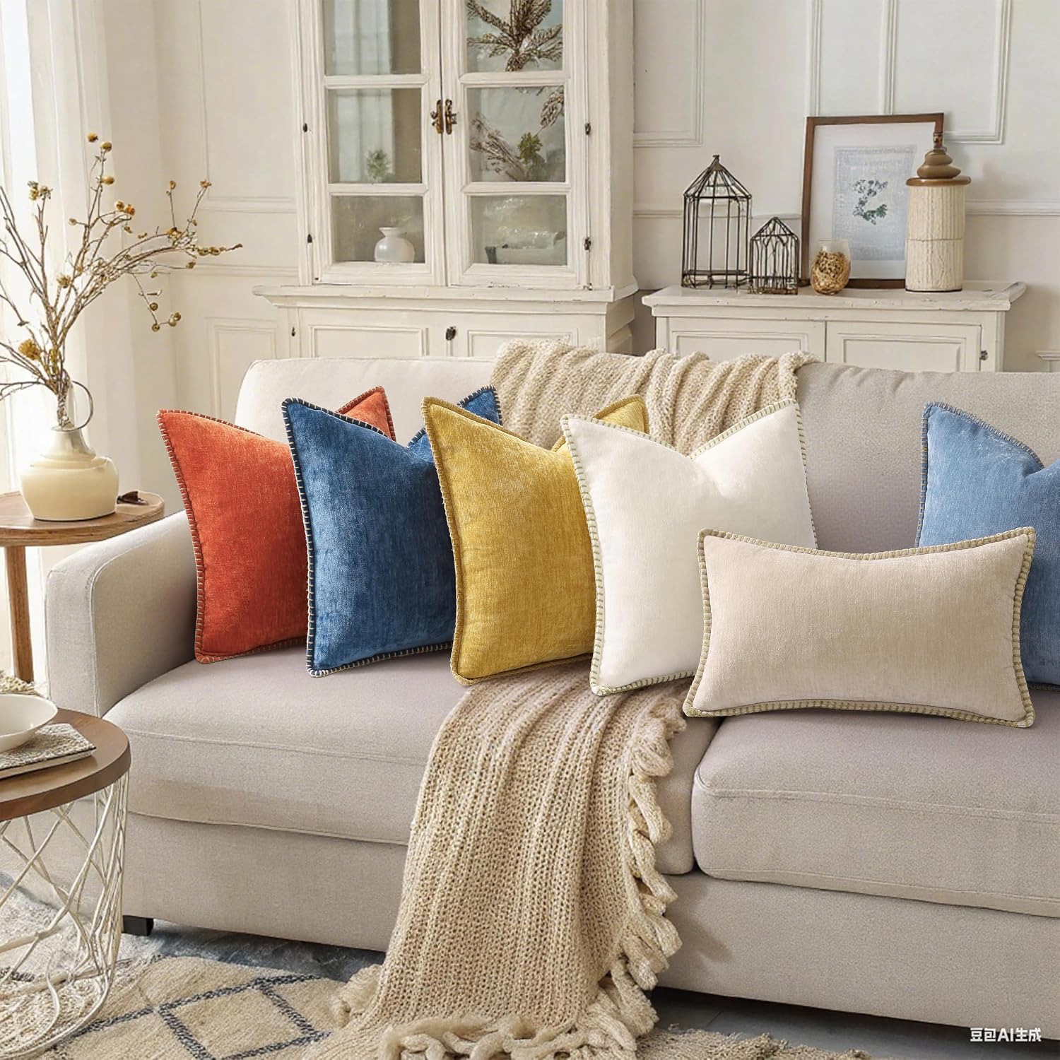decorUhome Chenille Soft Cozy Throw Pillow Covers 26x26 Set of 2, Modern Farmhouse Boho Velvet Decorative Euro Sham Pillow Cases with Stitc…