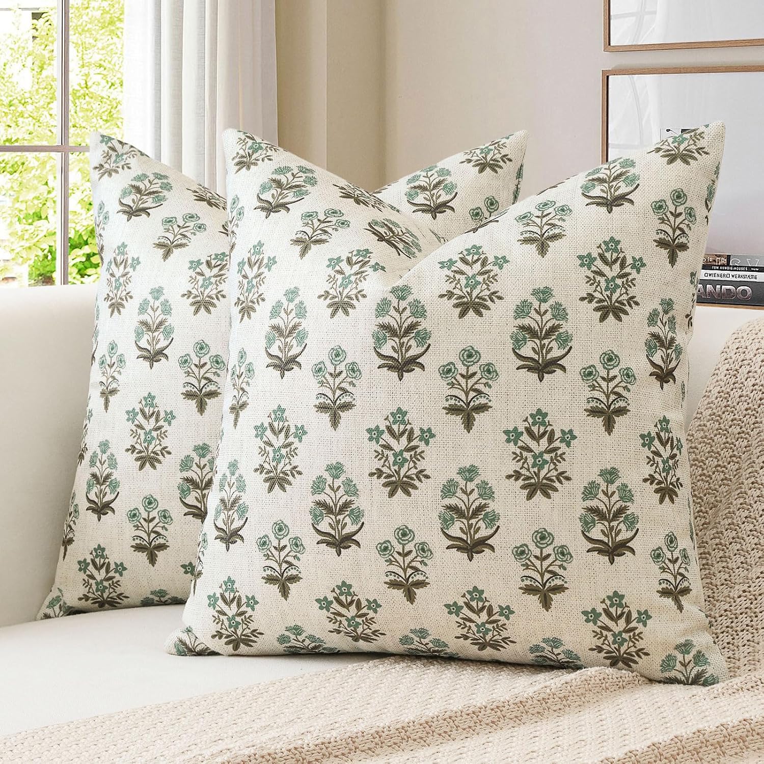 OTOSTAR Floral Print Pillow Covers 16x16 Inch Pack of 2 Double-Sided Brown Green Flower Square Throw Pillow Covers Farmhouse Rustic…