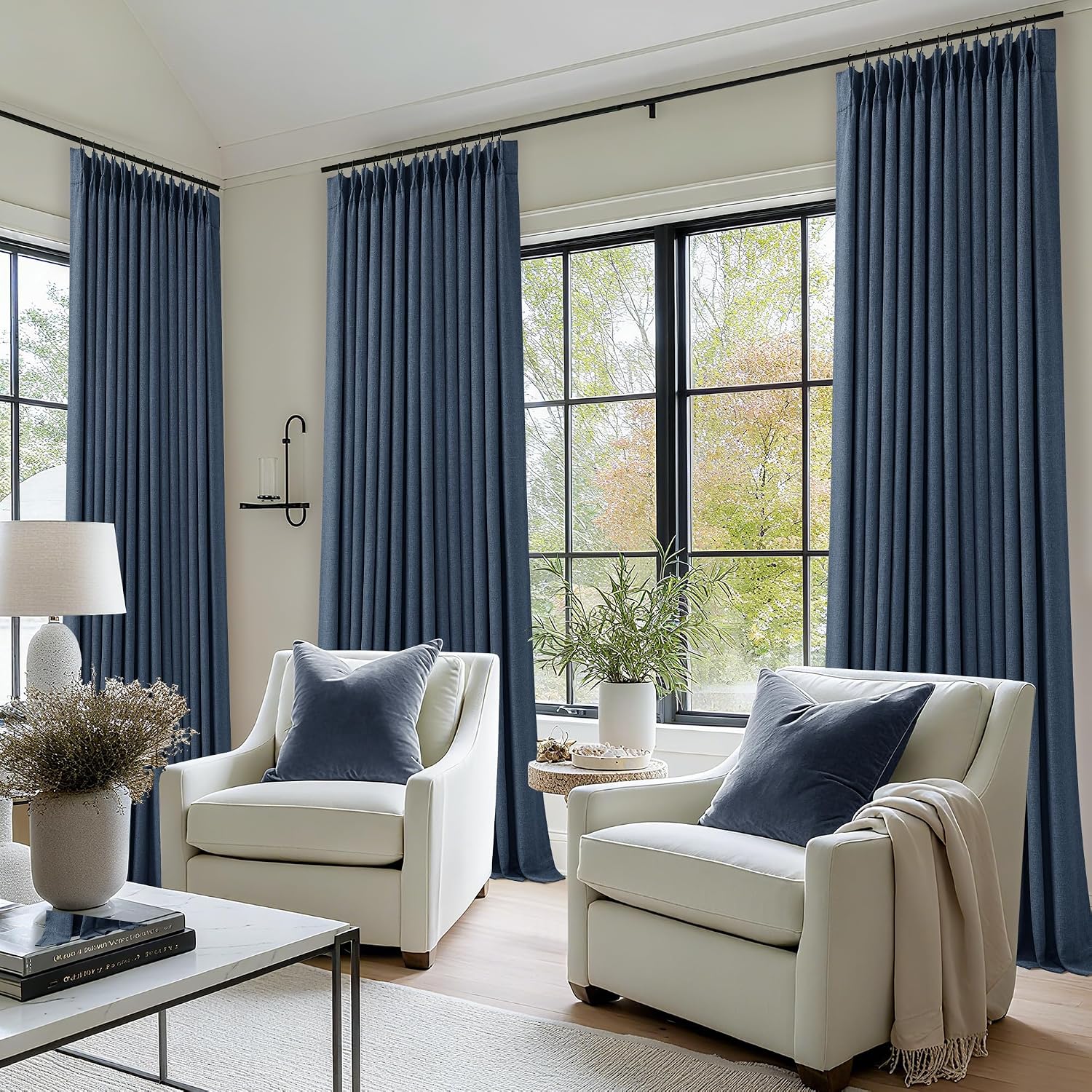90 Inch Pinch Pleated Blackout Linen Curtains for Bedroom 2 Panels Memory Trained 100% Black Out Soundproof Room Darkening Navy Window…