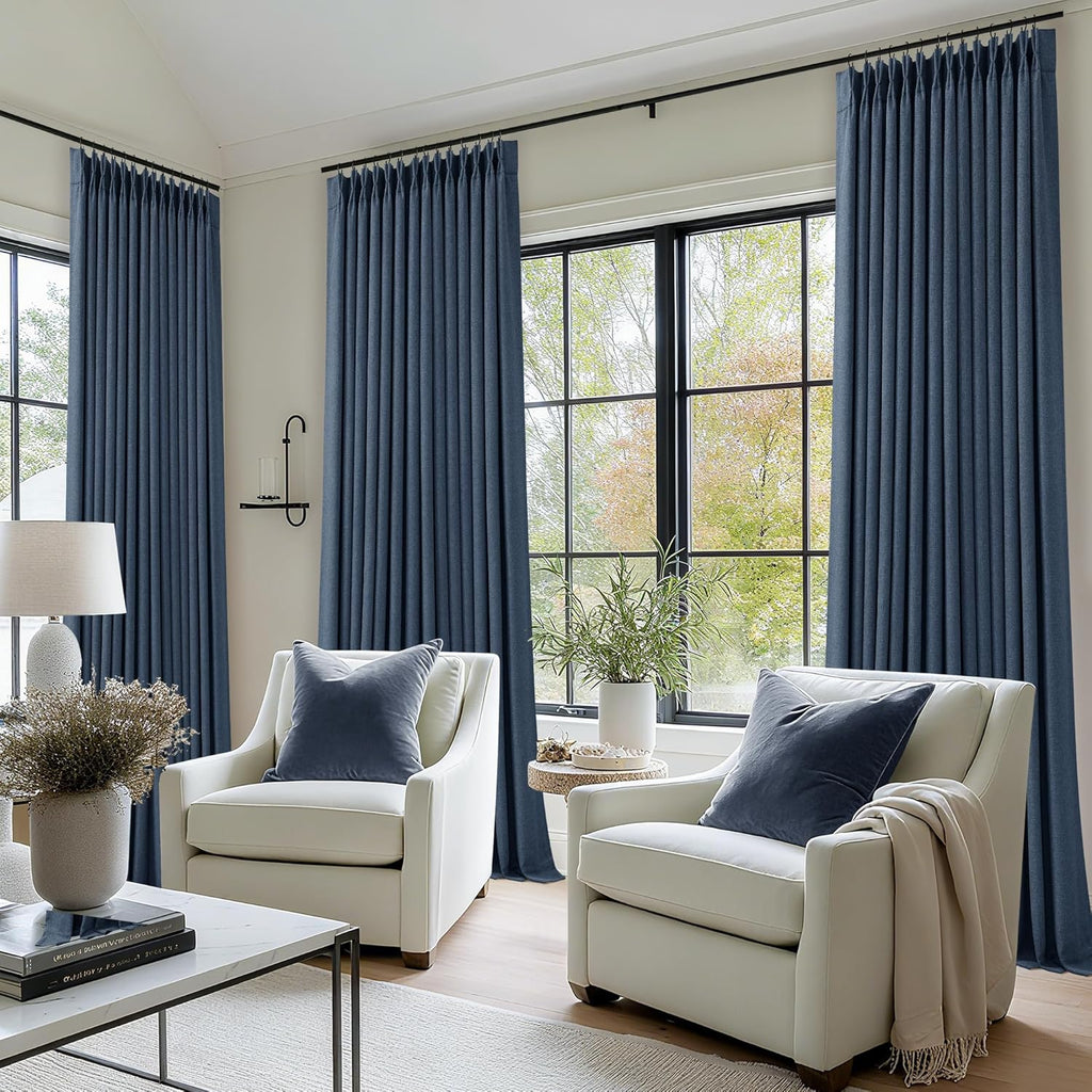 Twodrapes 105 Inch Pinch Pleated Blackout Linen Curtains for Bedroom 2 Panels Memory Trained 100% Black Out Soundproof Room Darkening Navy…