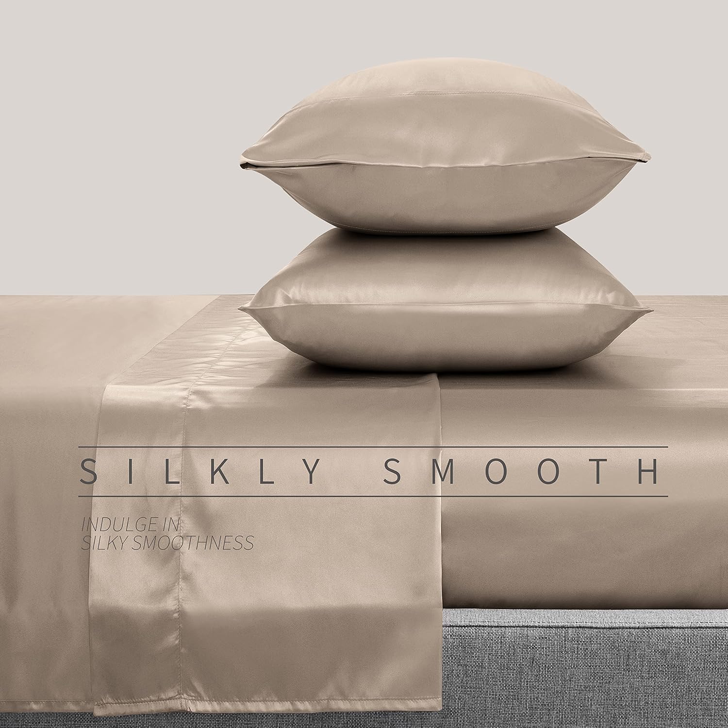 Cobedzy 4 Piece Luxury Queen Sheet Set, Taupe Satin Sheet Set, Soft Silky Bed Sheets Queen Set with 1 Deep Pocket Fitted Sheet 1 Flat Sheet…