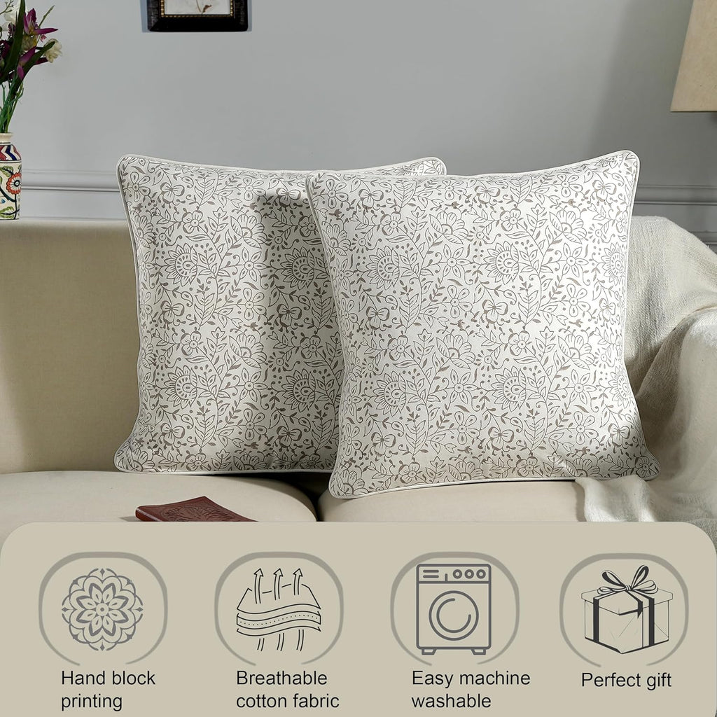 Ridhi Block Print Taupe Pillow Cover 24" x 24" (Pack of 2) Decorative Couch Pillows for Living Room, Farmhouse Chic Boho Cute Outdoor Pillo…