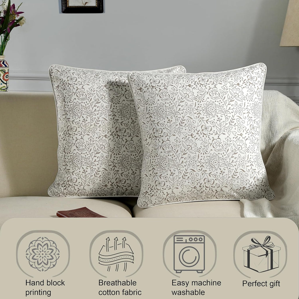 Ridhi Block Print Taupe Pillow Cover 18" x 18" (Pack of 2) Decorative Couch Pillows for Living Room, Farmhouse Chic Boho Cute Outdoor Pillo…