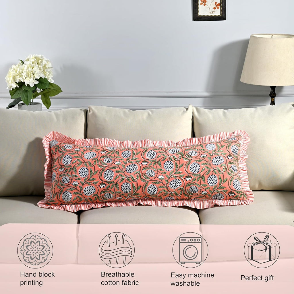 Ridhi Block Print Dark Salmon Pink 36"x14" Set 1-100% Cotton Ruffle Lumbar Sham Cover Boho Floral Pillowcase, Farmhouse Cottagecore…