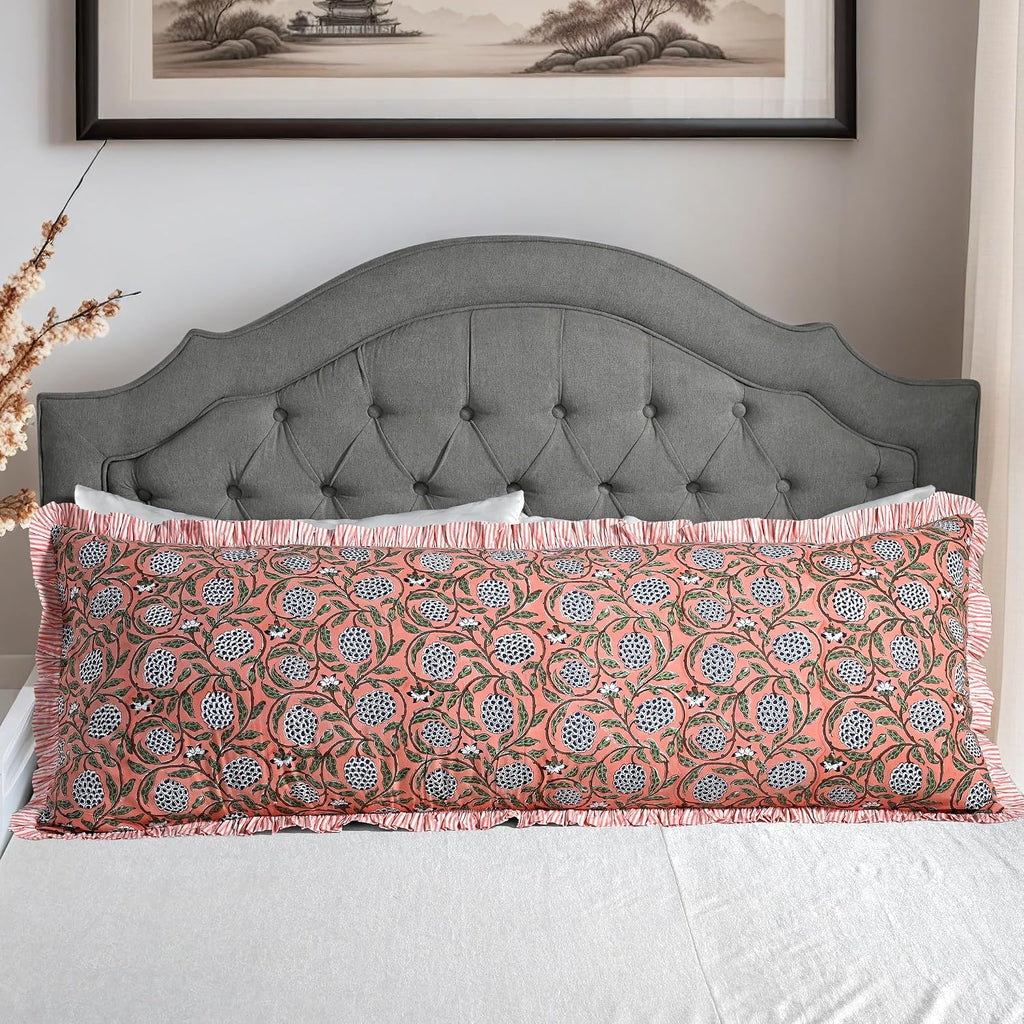Ridhi Block Print Dark Salmon Pink 54"x20" Set 1-100% Cotton Ruffle Lumbar Sham Cover Boho Floral Pillowcase, Farmhouse Cottagecore…