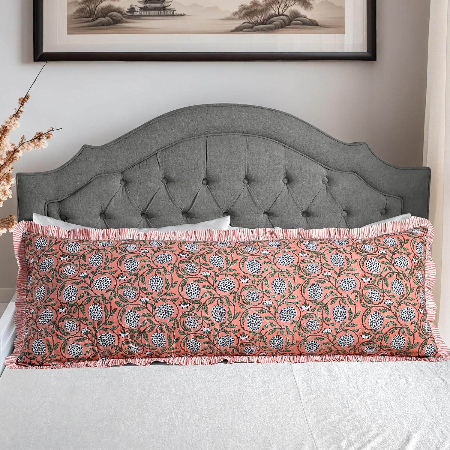 Ridhi Block Print Dark Salmon Pink 54"x20" Set 1-100% Cotton Ruffle Lumbar Sham Cover Boho Floral Pillowcase, Farmhouse Cottagecore…