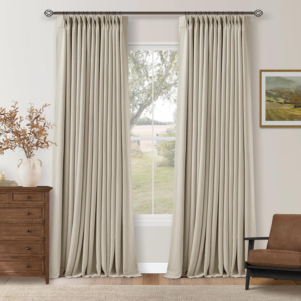 TWODRAPES 92 Inch Long Pinch Pleated Blackout Curtains for Bedroom Living Room, Oatmeal Beige Linen Blend 100% Blackout Sliding Door…
