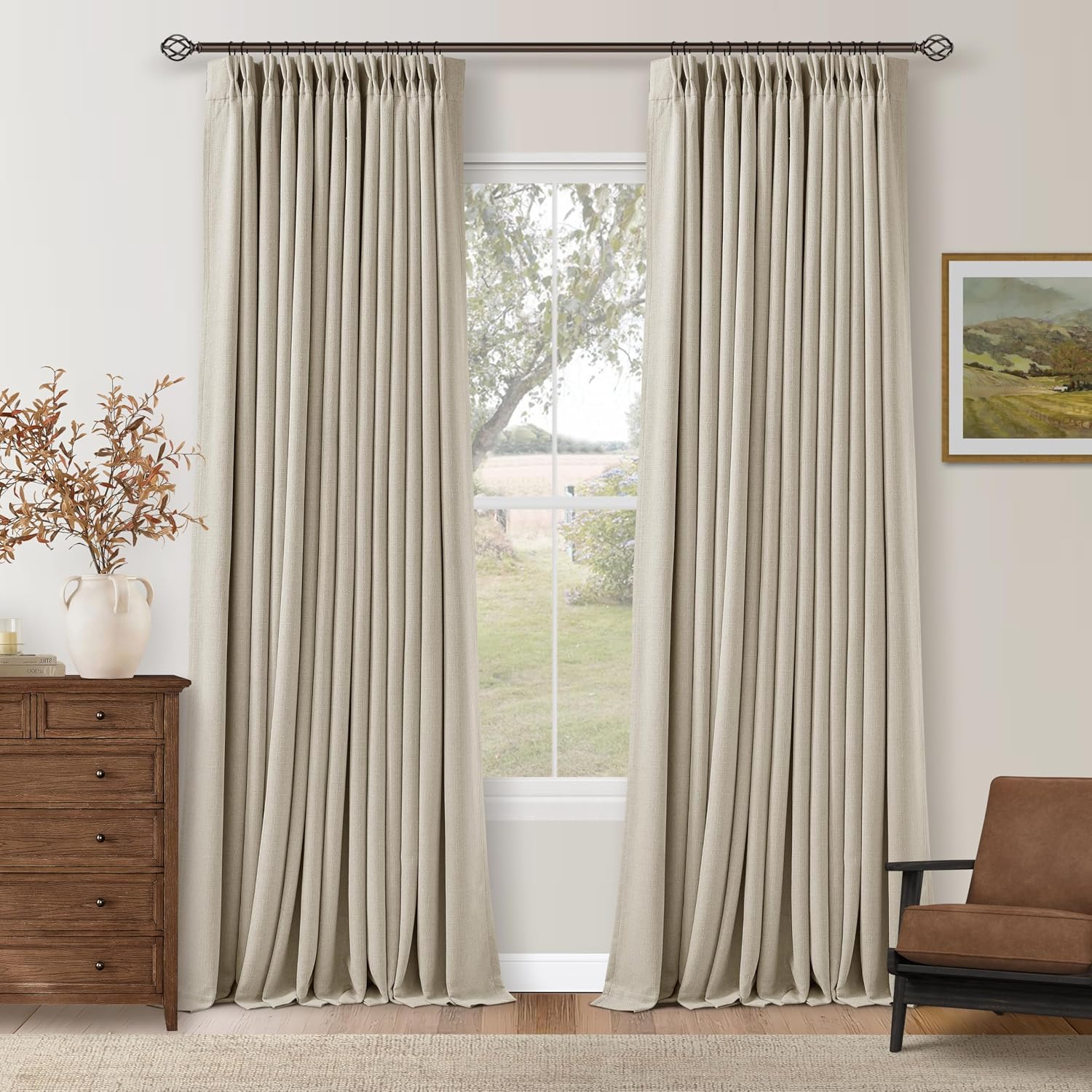 TWODRAPES 92 Inch Long Pinch Pleated Blackout Curtains for Bedroom Living Room, Oatmeal Beige Linen Blend 100% Blackout Sliding Door…
