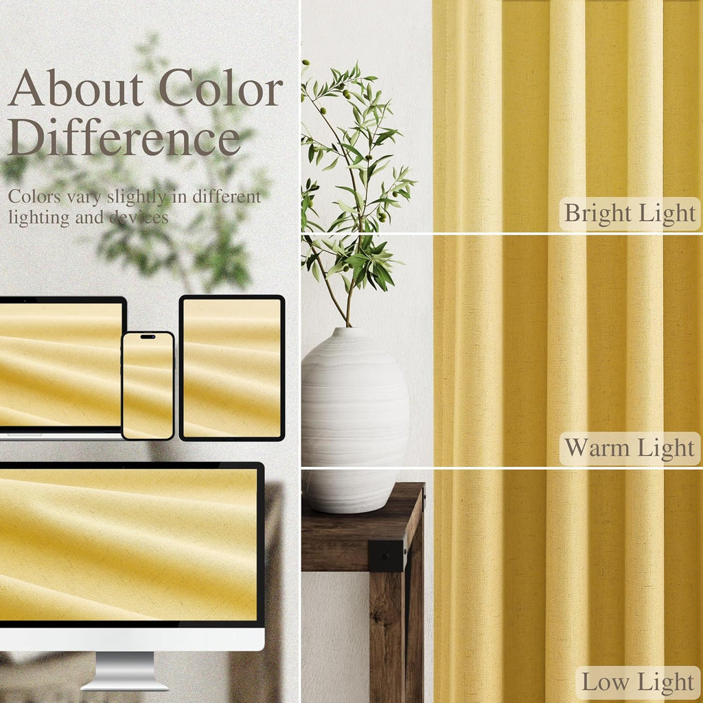 Nanspring Gold Yellow 100% Blackout Linen Curtains 96 Inches Long for Bedroom Back Tab Thermal Insulated Modern Farmhouse Decor Black Out C…