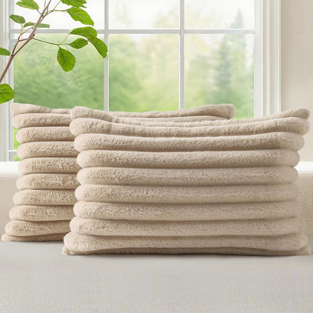 decorUhome Cozy Faux Fur Throw Pillow Covers 12x20 Set of 2 Decorative Soft Plush Striped Lumbar Modern Farmhouse Boho Couch Pillow Cases w…