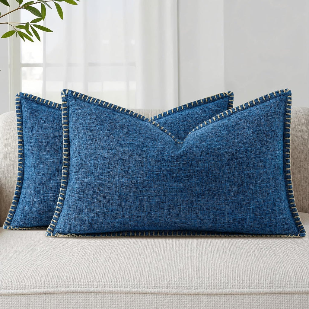 decorUhome Summer Decorative Throw Pillow Covers 12x20 Set of 2 Lumbar Faux Linen Outdoor Neutral Farmhouse Pillow Covers with Stitched…