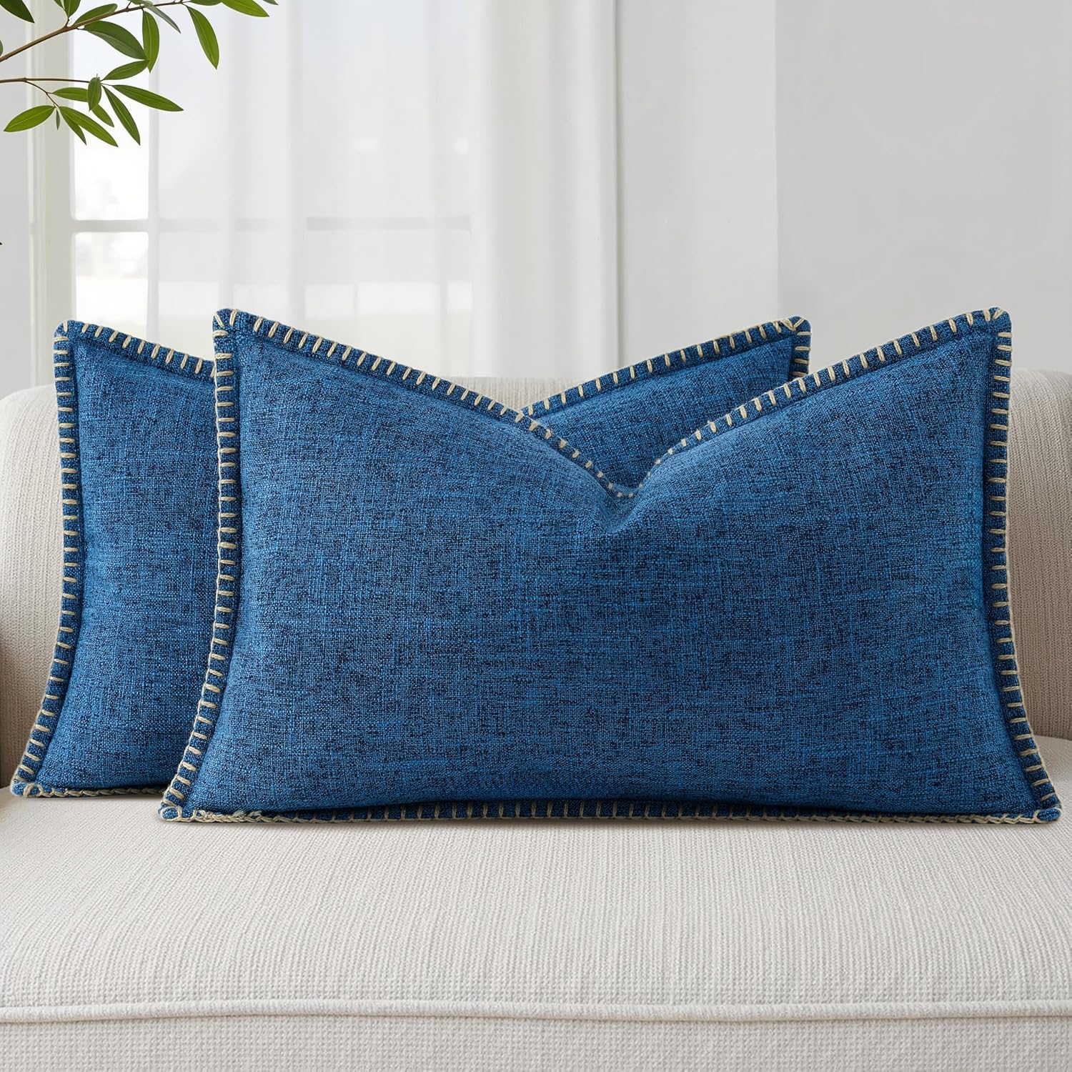 decorUhome Summer Decorative Throw Pillow Covers 12x20 Set of 2 Lumbar Faux Linen Outdoor Neutral Farmhouse Pillow Covers with Stitched…