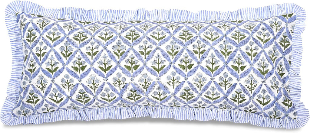 Ridhi Block Print Light Steel Blue 36"x14" Set 1-100% Cotton Ruffle Lumbar Sham Cover Boho Floral Pillowcase, Farmhouse Cottagecore…