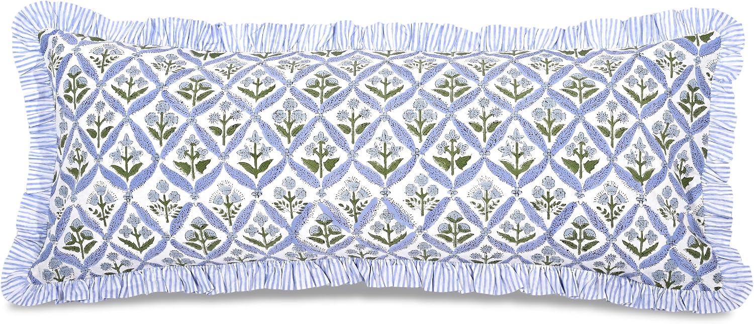 Ridhi Block Print Light Steel Blue 36"x14" Set 1-100% Cotton Ruffle Lumbar Sham Cover Boho Floral Pillowcase, Farmhouse Cottagecore…