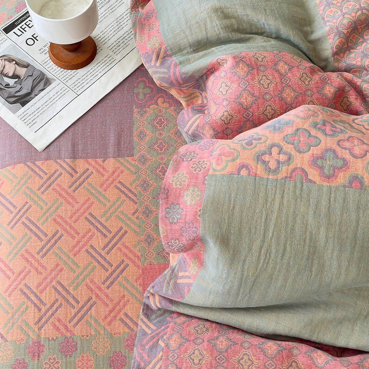 mixinni 100% Cotton Double Layer Yarn Duvet Cover Set, Vintage Patchwork Floral Jacquard Textured Comforter Cover, Reversible Boho Bedding…