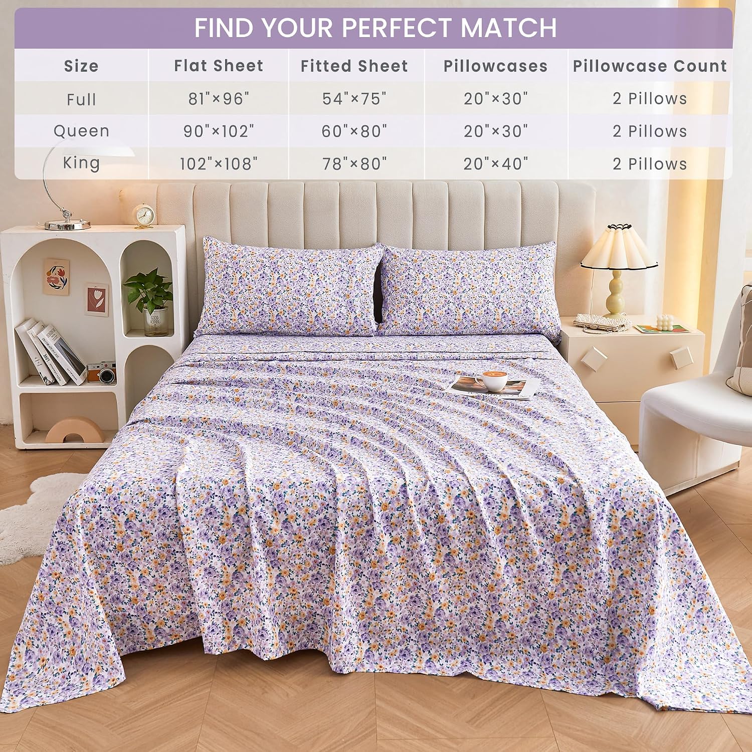 mooreeke Floral King Bed Sheets, Soft Microfiber Vintage Printed Bedding Sheets & Pillowcases, Deep Pocket Non-Slip Fitted King Sheet, Purp…