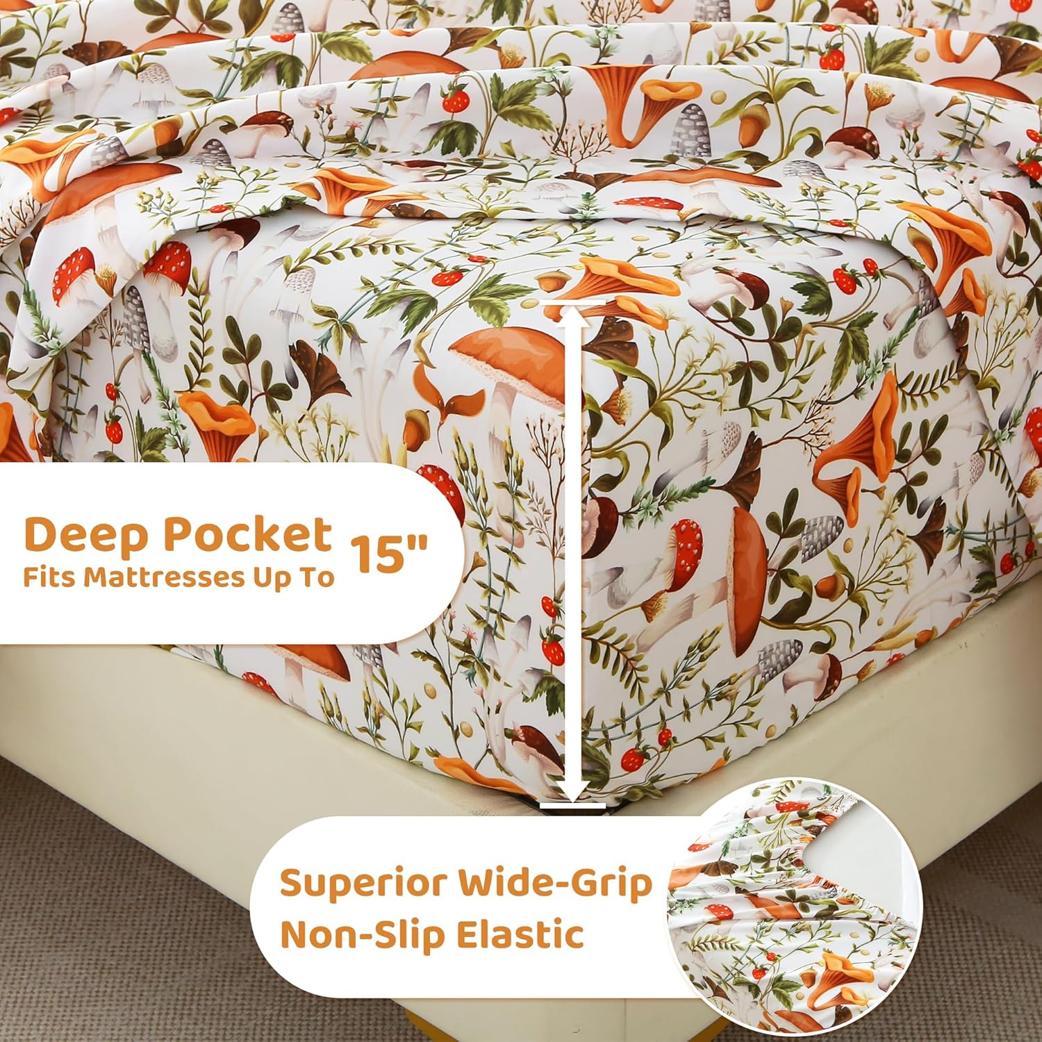mooreeke Cozy Vintage Microfiber Printed King Sheet Set - Soft & Breathable Percale Mushroom Forest Bed Sheets with Extra Deep Pocket - Non…