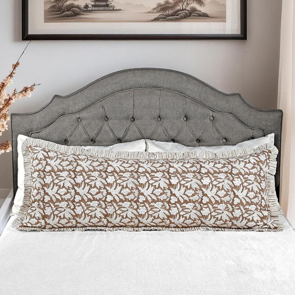 Ridhi Block Print Oak Brown 54"x20" Set 1-100% Cotton Ruffle Lumbar Sham Cover Boho Floral Pillowcase, Farmhouse Cottagecore Bedding…