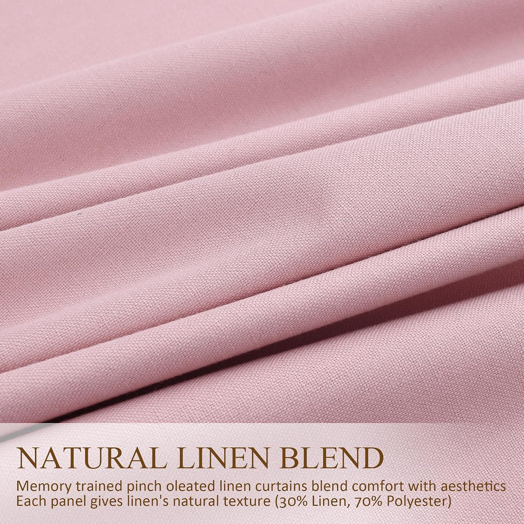 Boodii Pink 100% Blackout Linen Pinch Pleated Curtains 96 Inches 2 Panels Thermal Insulated Privacy Home Decor Room Darkening Back Tab Boho…