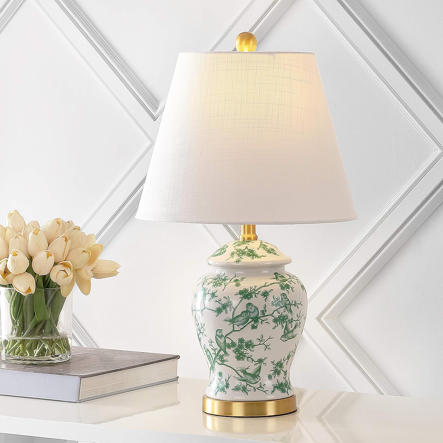 JONATHAN Y 22" White/Green Ceramic Table Lamp, French Country Chinoiserie Ginger Jar LED Bedside Lamp for Living Room Bedroom, White…