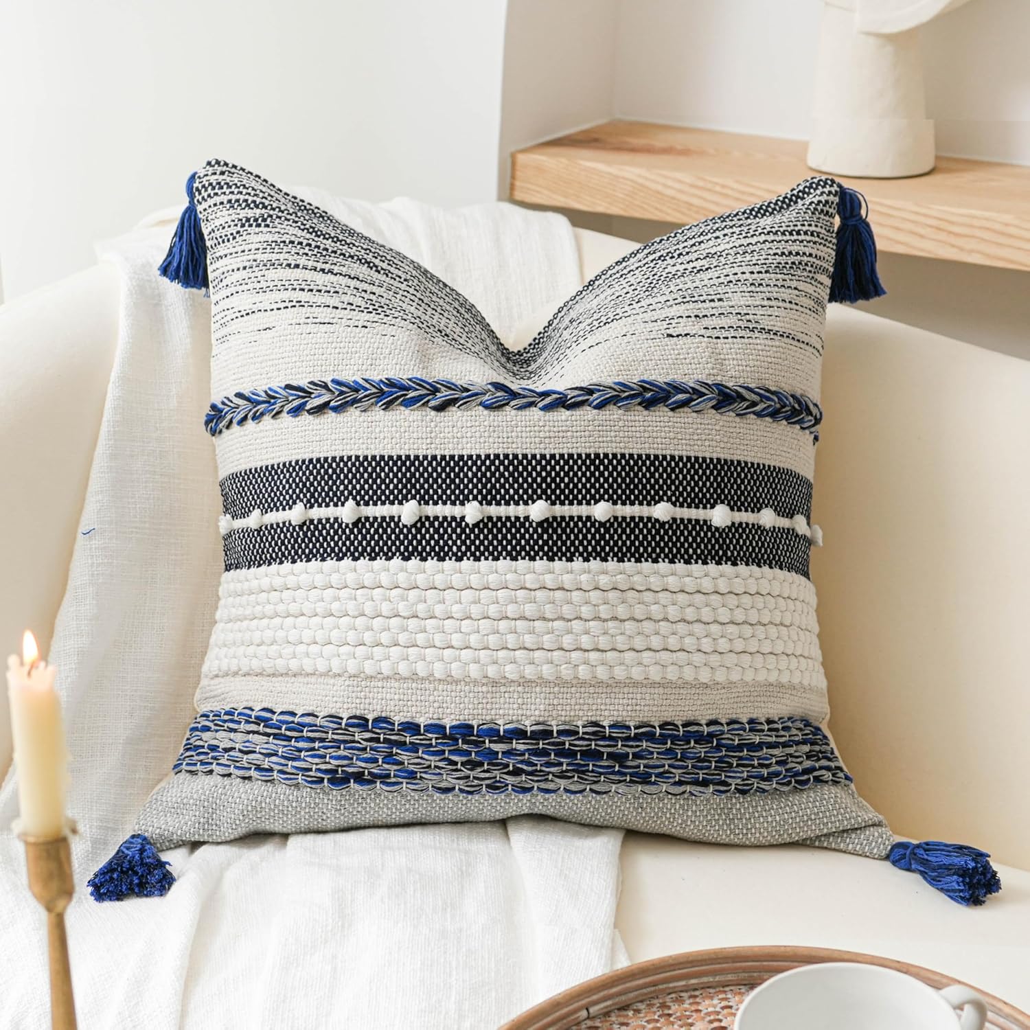 BlissBlush Navy Dark Blue Decorative Throw Pillow Cover 18x18 Square Boho Accent Pillowcase Tassels Farmhouse Cushion for Couch Sofa…