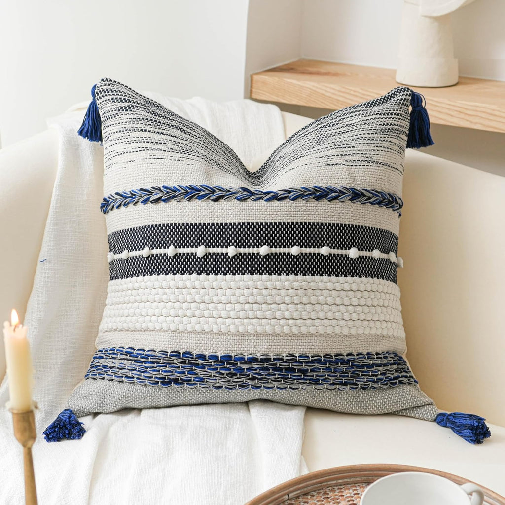 BlissBlush Navy Dark Blue Boho Throw Pillow Cover 22x22 Grey Decorative Accent Pillow for Couch Square Woven Textured Pillowcase Modern…