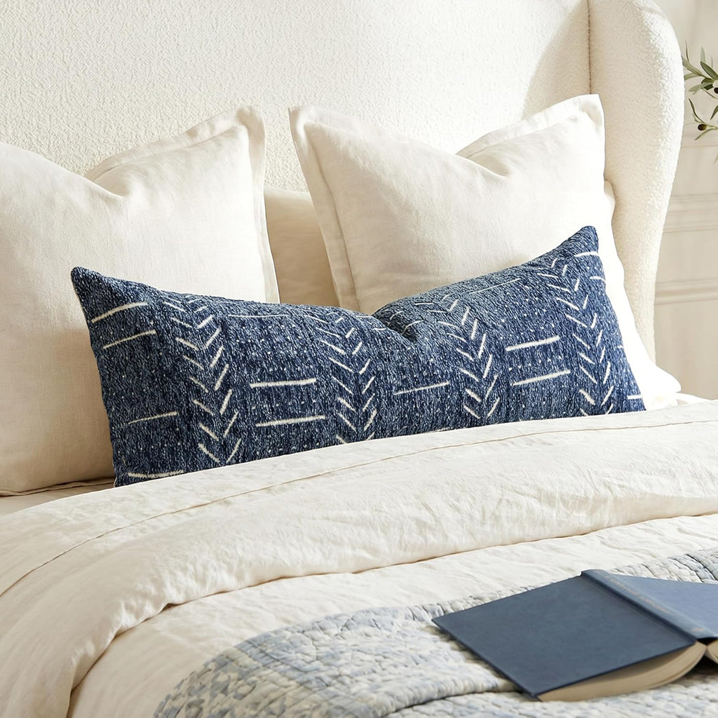 BlissBlush Decorative Long Lumbar Pillow Cover 14x36 for Bed, Navy Blue Soft Woven Chenille Accent Pillow Cover for Bedroom Couch Sofa…