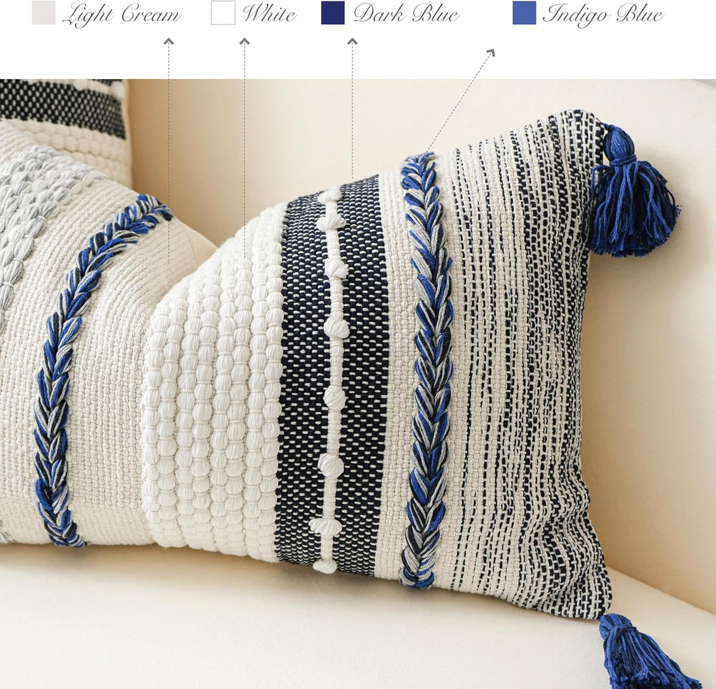 BlissBlush Navy Dark Blue Decorative Throw Pillow Cover 18x18 Square Boho Accent Pillowcase Tassels Farmhouse Cushion for Couch Sofa…