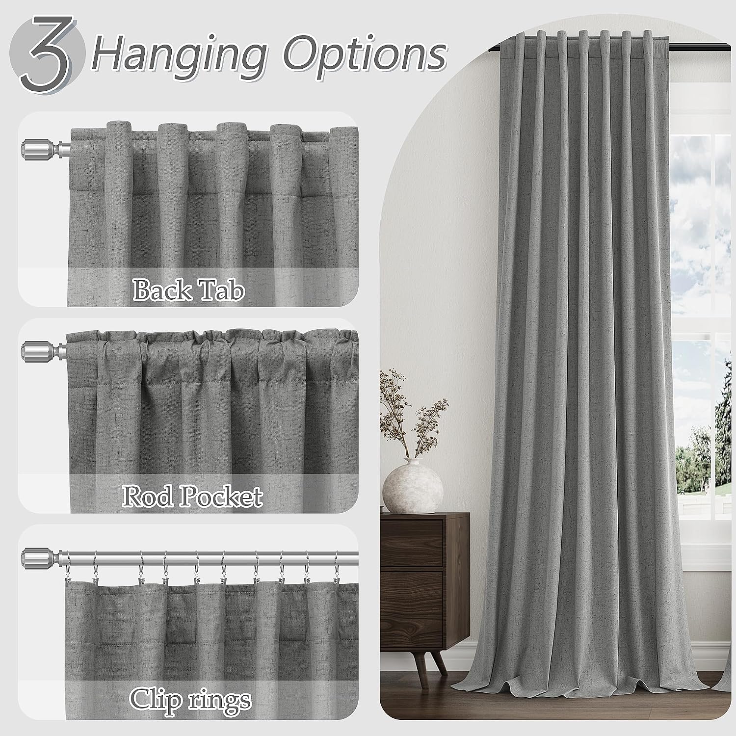 Guken Dark Grey 100% Blackout Linen Curtains 96 Inch Length 2 Panels Set for Living Room Bedroom Back Tab Rod Pocket Thermal Insulated Blac…