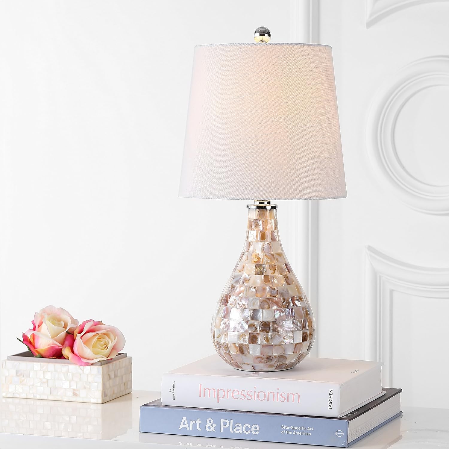 JONATHAN Y 20.5" Seashell Coastal Mini LED Table Lamp for Living Room Office, White Linen Drum Shade, Modern Mother of Pearl Bedside…