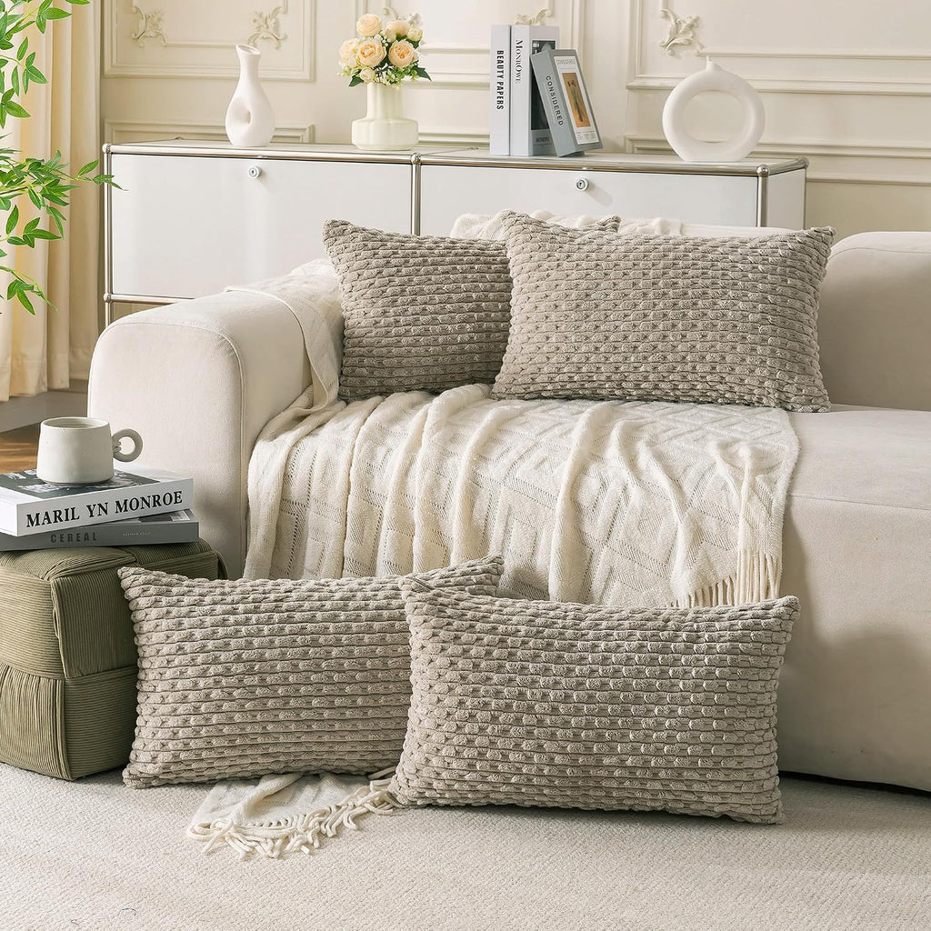 Cozoomy Set of 4 Taupe Decorative Throw Pillow Covers 12x20 Inch Corduroy Pillow Covers for Bed Couch Sofa Living Room Soft Cushion Cases 2…