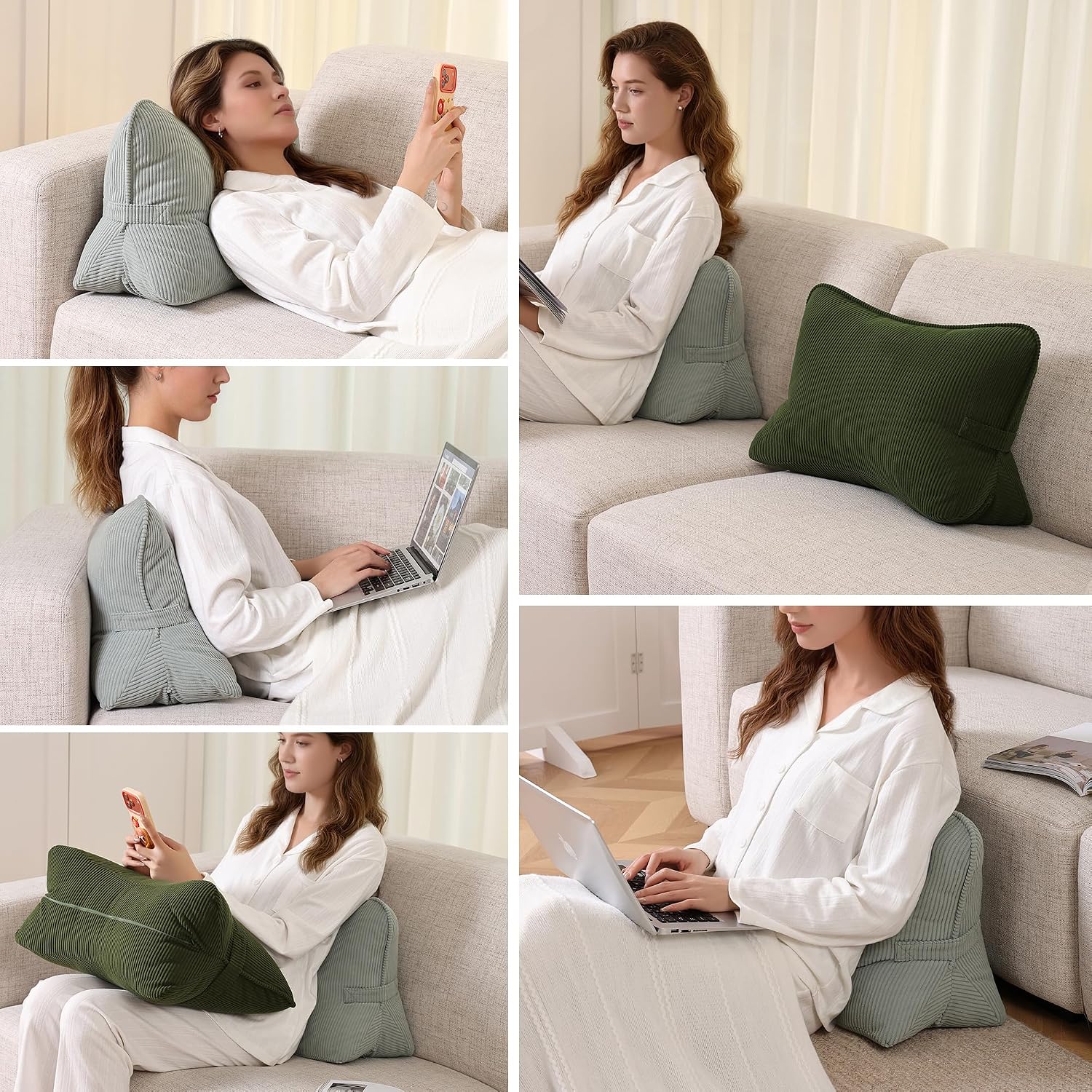 Pat. Pend. Corduroy Lumbar Support Back Pillow for Sitting Up & Reading, Ergonomic Triangle Back Support Cushion for Sofa, Armchair &…