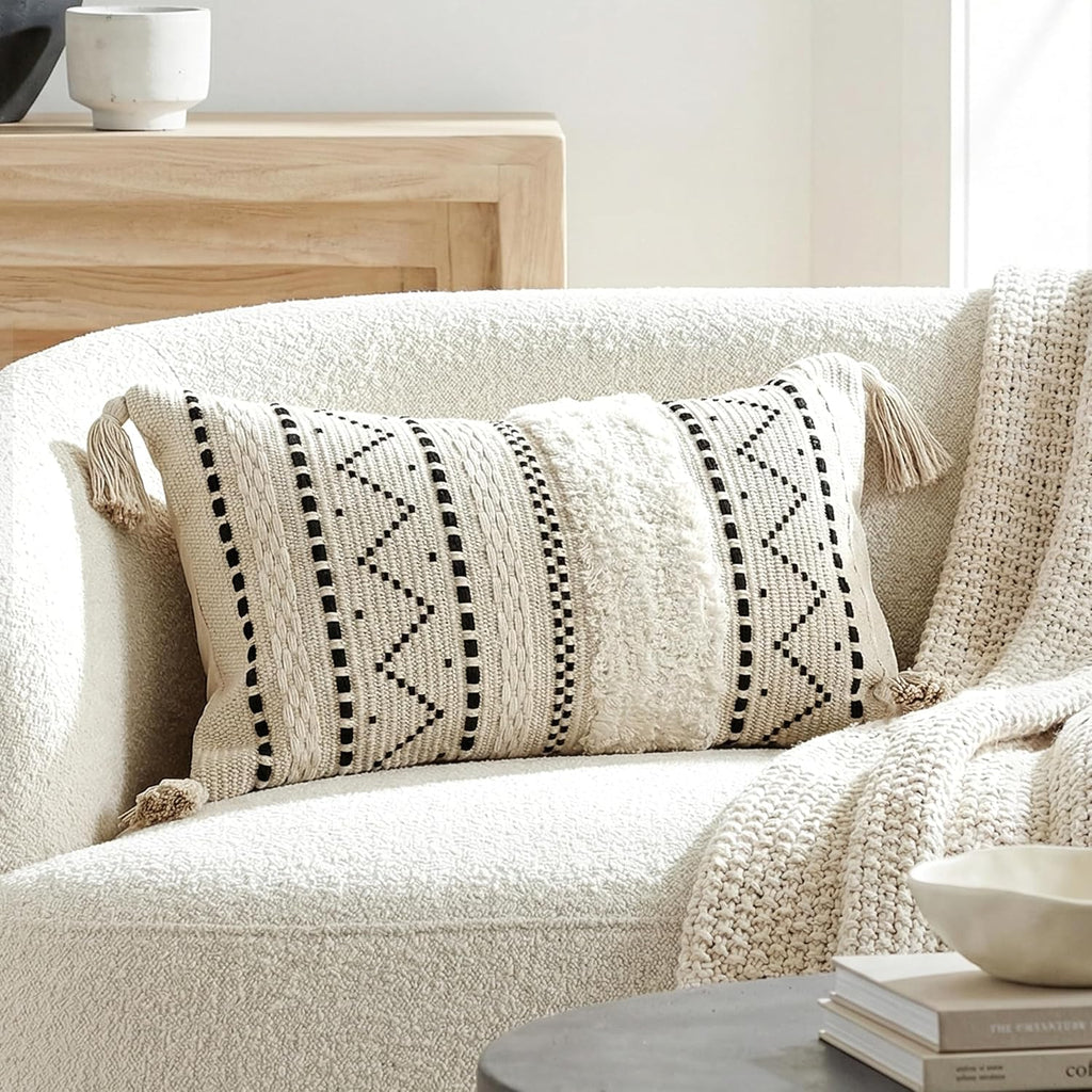 BlissBlush 12x20 Lumbar Pillow Cover, Cream Neutral Rectangular Decorative Cushion Cover with Black Pattern, Cotton Boho Accent…