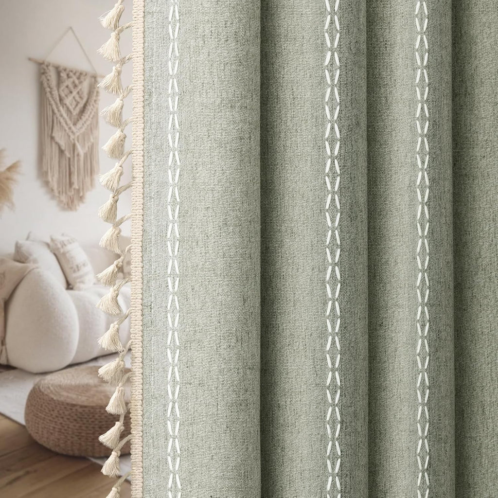 XOGUIBO Boho Blackout Curtains 96 Inches Long Sage Green Linen Blend 2 Panels with Tassels and Cotton Embroidery, Farmhouse Vintage…