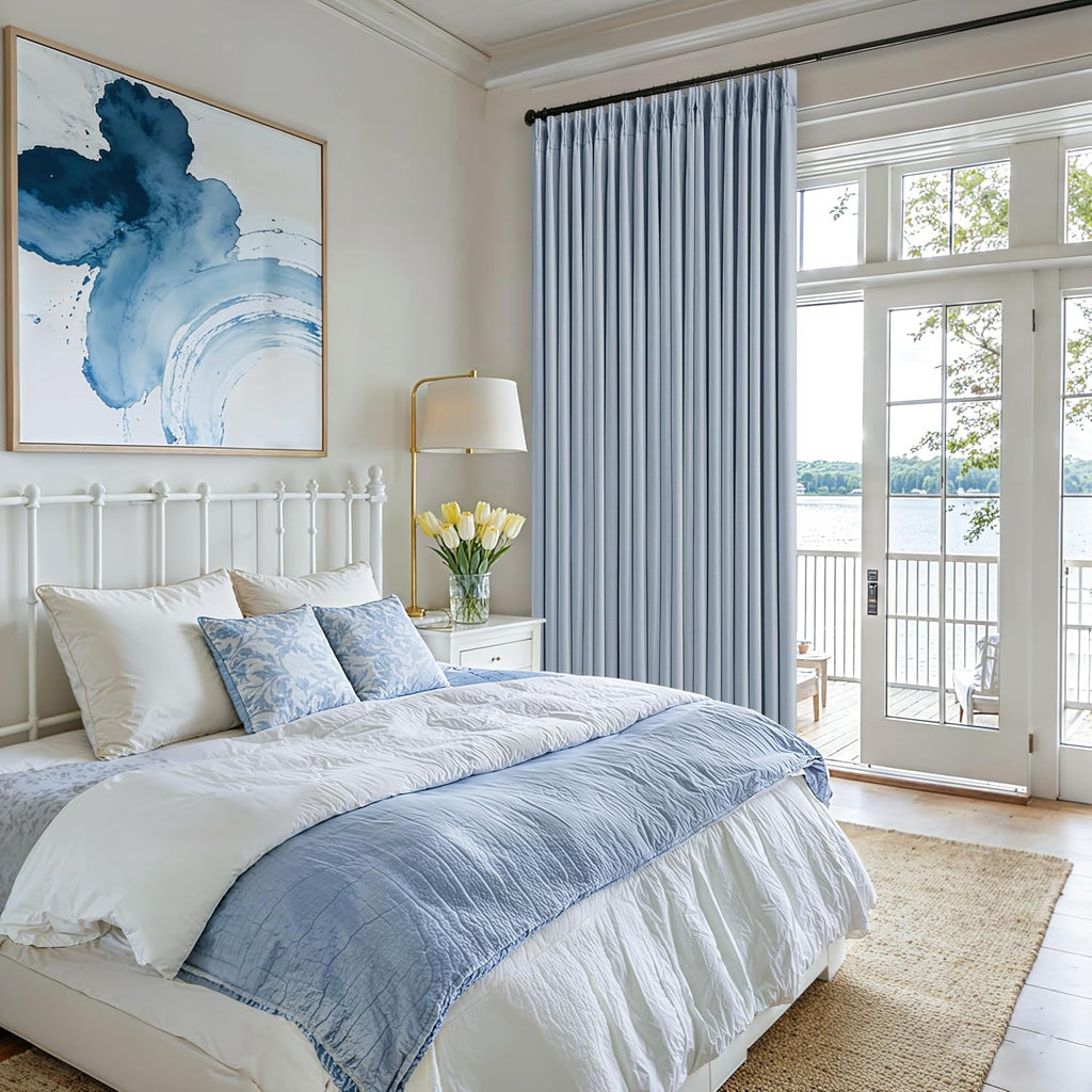 Twodrapes Light Blue 120 Inch Blackout Pinch Pleated Curtains 2 Panel Set for Living Room Darkening Thick Linen Textured 100% Black Out Dra…