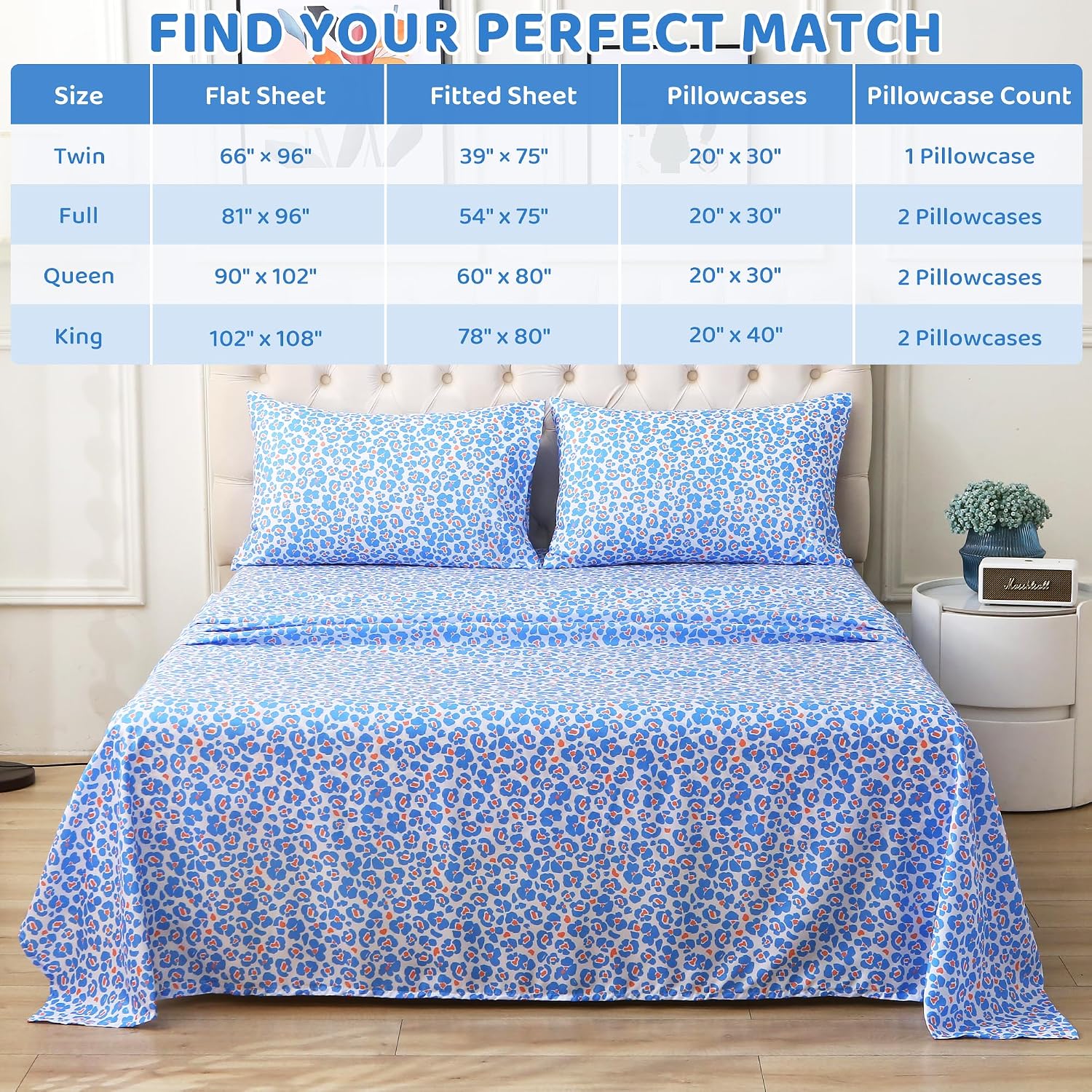 mooreeke Leopard Cheetah Printed Queen Bed Sheets, Soft Microfiber Bedding Sheets & Pillowcases, Deep Pocket Non-Slip Fitted Queen Sheet, B…