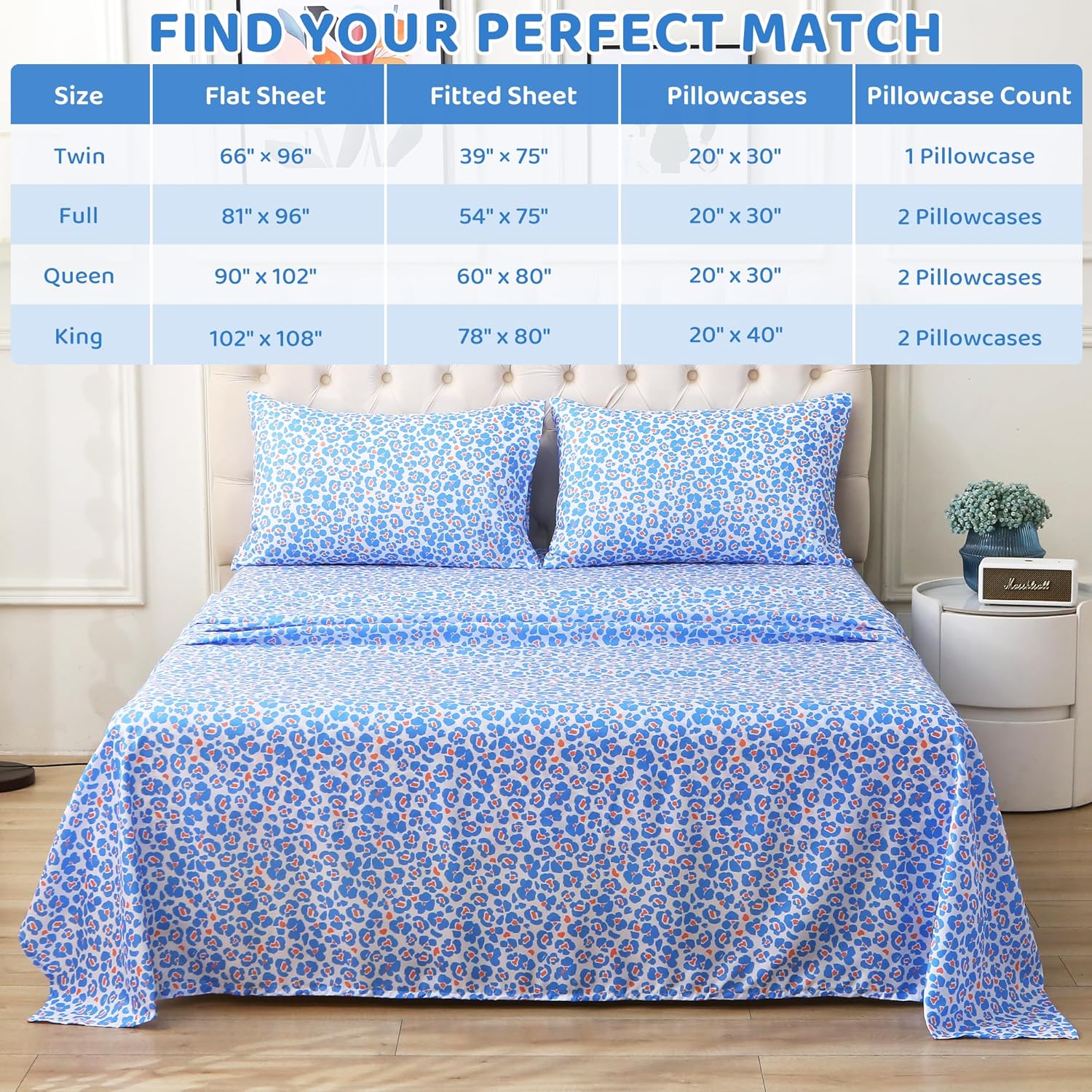 mooreeke Leopard Cheetah Printed Full Bed Sheets, Soft Microfiber Bedding Sheets & Pillowcases, Deep Pocket Non-Slip Fitted Full Sheet, Blu…