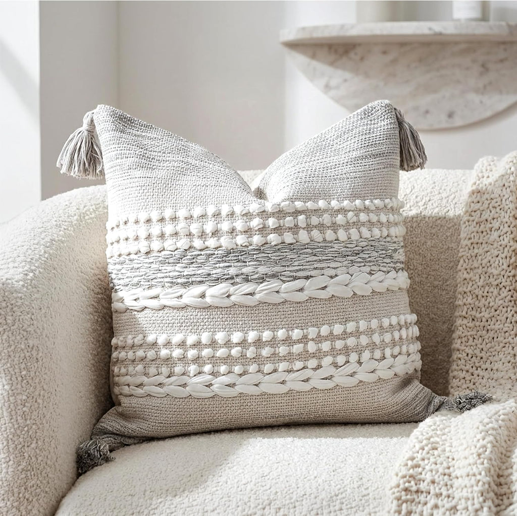 BlissBlush Gray Decorative Throw Pillow Cover 20X20, Boho Accent Pillow for Couch, Square Modern Farmhouse Pillowcase for Living Room…