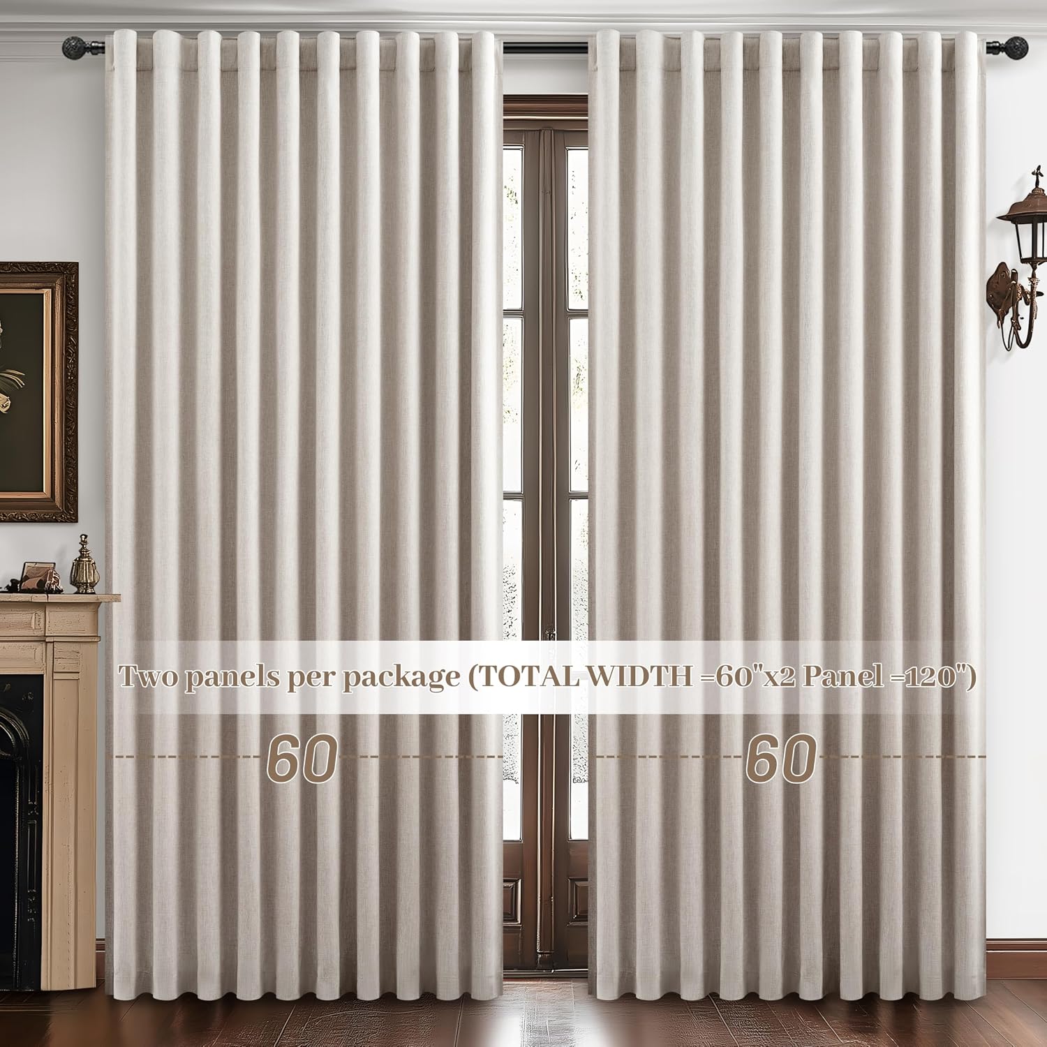 Qjmydeco Curtains 60 Inch Length Wide Pleated Blackout Curtain for Sliding Glass Door/Living Room, Farmhouse Natural Linen Thick Boho Bedro…
